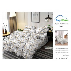 Lenjerie Pat Dublu Finet 6 Piese Alb Gri cu Accente Aurii – Model Geometric Modern, PH-045