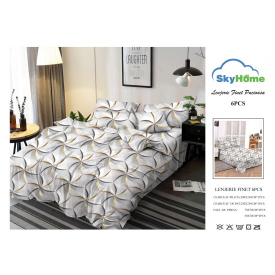 Lenjerie Pat Dublu Finet 6 Piese Alb Gri cu Accente Aurii – Model Geometric Modern, PH-045 Pachet Promo