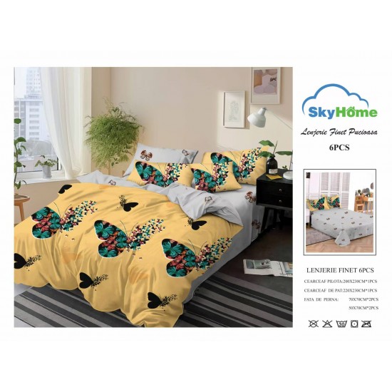 Lenjerie Pat Dublu Finet 6 Piese Galben Muștar – Model Fluturi Multicolori și Inimi Negre, PH-047 Pachet Promo
