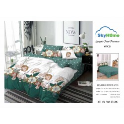 Lenjerie Pat Dublu Finet 6 Piese Verde Smarald – Model Floral Elegant cu Flori Bej și Roz, CP-PH-073