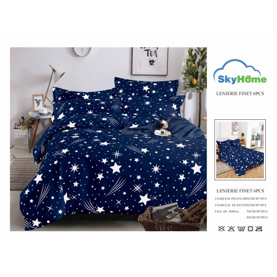 Lenjerie Pat Dublu Finet 6 Piese Bleumarin cu Stele Albe – Model Noapte Înstelată, PH-051 Pachet Promo