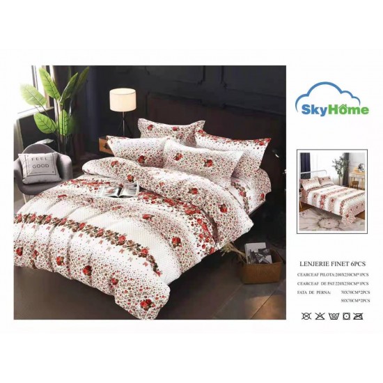 Lenjerie Pat Dublu Finet 6 Piese Alb cu Flori Roșii – Model Floral Romantic, PH-037 Pachet Promo