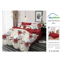 Lenjerie Pat Dublu Finet 6 Piese Roșu și Crem – Model Floral Elegant cu Flori Roșii și Gri, PH-050
