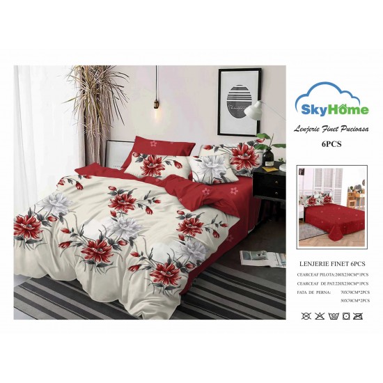 Lenjerie Pat Dublu Finet 6 Piese Roșu și Crem – Model Floral Elegant cu Flori Roșii și Gri, PH-050 Pachet Promo