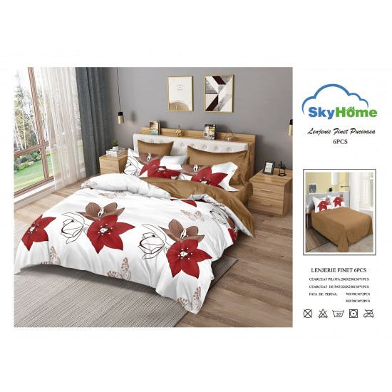 Lenjerie Pat Dublu Finet 6 Piese Maro – Model Floral Roșu pe Fundal Alb, Design Elegant Modern, PAP-PH-076 Pachet Promo