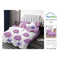 Lenjerie Pat Dublu Finet 6 Piese Mov – Model Flori Lotus Mov pe Fundal Alb, Design Elegant Modern, PH-042