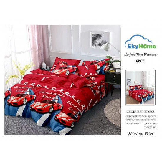 Lenjerie Pat Dublu Finet 6 Piese Roșie – Model Mașini Sport, Design Modern pentru Tineri, PAP-PH-052 Pachet Promo