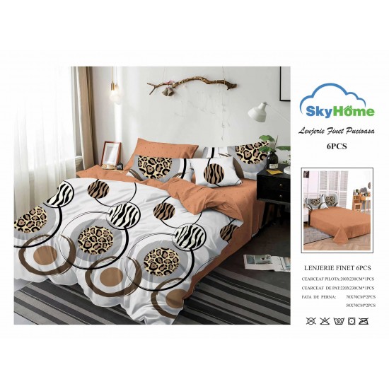 Lenjerie Pat Dublu Finet 6 Piese Maro Cărămiziu – Model Cercuri Moderne cu Imprimeu Animal Print, PAP-PH-080 Pachet Promo