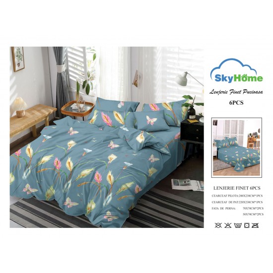 Lenjerie Pat Dublu Finet 6 Piese Turcoaz Petrol – Model Pene Multicolore și Fluturi, PAP-PH-079 Pachet Promo