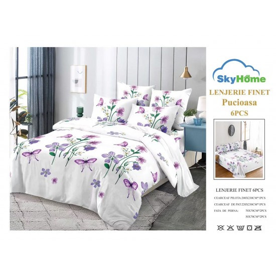 Lenjerie Pat Dublu Finet 6 Piese Albă – Model Floral Mov cu Fluturi, PAP-PH-032 Pachet Promo