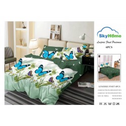 Lenjerie Pat Dublu Finet 6 Piese Verde – Model Fluturi Albaștri și Frunze, PH-044