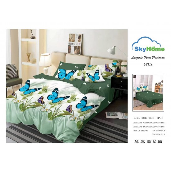 Lenjerie Pat Dublu Finet 6 Piese Verde – Model Fluturi Albaștri și Frunze, PH-044 Pachet Promo