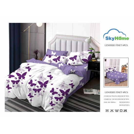 Lenjerie Pat Dublu Finet 6 Piese Alb cu Mov – Model Fluturi Mov Elegant, PH-046 Pachet Promo