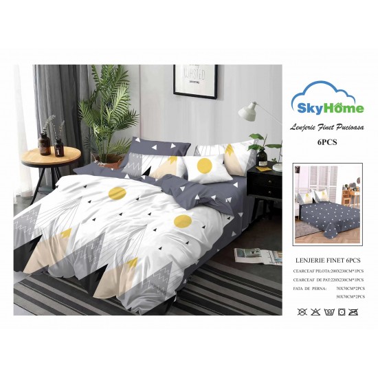 Lenjerie Pat Dublu Finet 6 Piese Gri Antracit cu Alb și Galben – Model Geometric Modern, PAP-PH-058 Pachet Promo