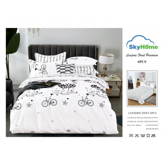 Lenjerie Pat Dublu Finet 6 Piese Alb-Negru cu Mesaje Love și Biciclete, PH-081 Pachet Promo