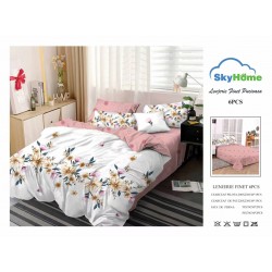 Lenjerie Pat Dublu Finet 6 Piese Alb cu Flori Bej și Roz – Model Floral Elegant, CP-PH-067