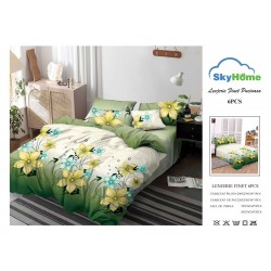 Lenjerie Pat Dublu Finet 6 Piese Verde cu Flori Galbene și Turcoaz – Model Floral Elegant, CP-PH-061