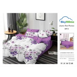 Lenjerie Pat Dublu Finet 6 Piese Mov Lila cu Flori Mov și Gri, CP-PH-064
