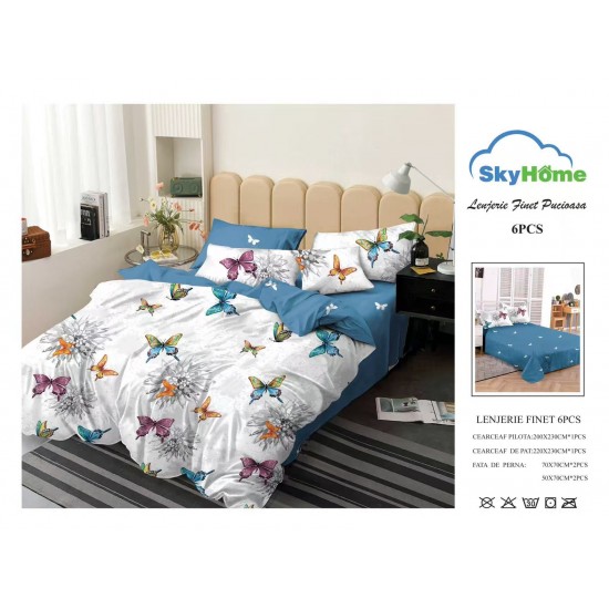 Lenjerie Pat Dublu Finet 6 Piese Albastru Petrol cu Fluturi Multicolori, CP-PH-062 Pachet Promo