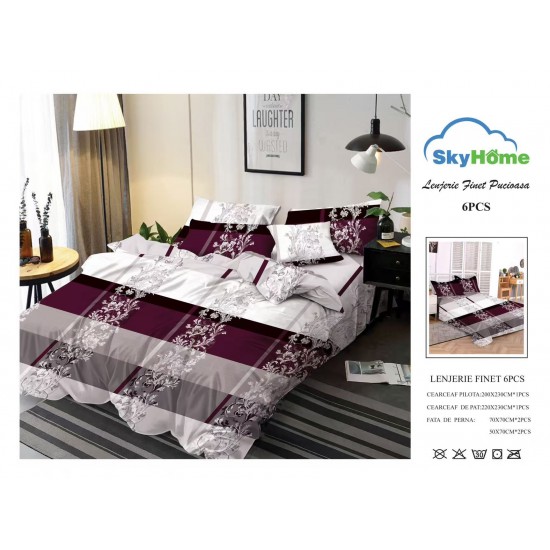 Lenjerie Pat Dublu Finet 6 Piese Bordo și Gri – Model Elegant cu Dungi și Imprimeu Floral, PAP-PH-056 Pachet Promo