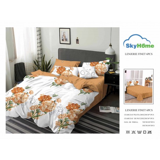 Lenjerie Pat Dublu Finet 6 Piese Alb și Muștar – Model Floral Elegant cu Flori Mari, PH-040 Pachet Promo