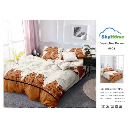 Lenjerie Pat Dublu Finet 6 Piese Crem și Maro Caramel – Model Ursuleți Jucăuși, flori, PH-039 Pachet Promo