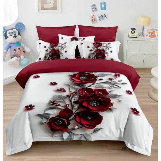 Lenjerie de Pat Dublu 6 Piese 5D cu Cearșaf cu Elastic – Model Trandafiri Roșii pe Fundal Alb, Finet Premium, LFL-069 Lenjerii Finet Premium Lux