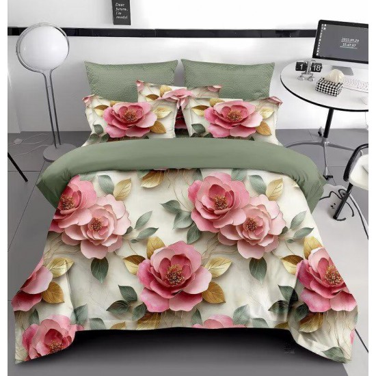 Lenjerie de Pat Dublu 6 Piese 5D cu Cearșaf cu Elastic – Model Flori Roz și Verde Olive, Design Elegant, LFL-068 Lenjerii Finet Premium Lux