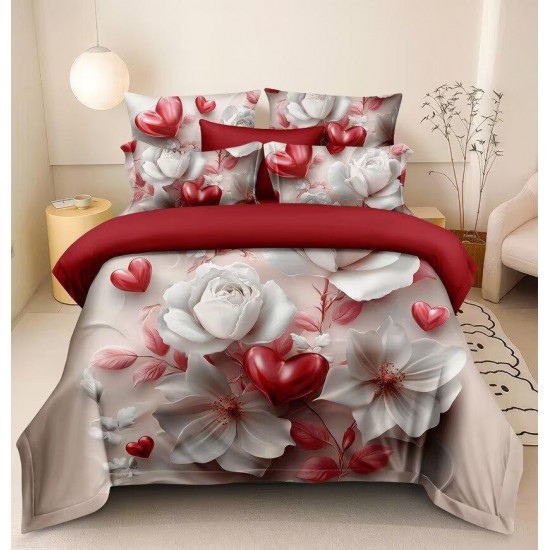 Lenjerie de Pat Dublu 6 Piese 5D cu Cearșaf cu Elastic – Model Trandafiri Albi și Inimi Roșii Romantic, LFL-063 Lenjerii Finet Premium Lux