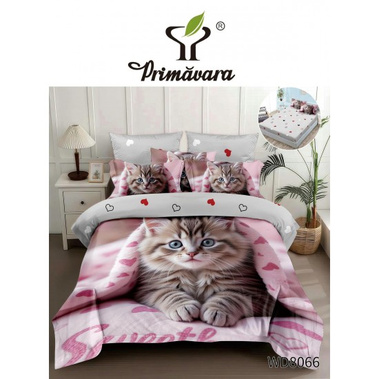 Lenjerie Pat 4 Piese 5D cu Cearșaf Elastic – Model Pisicuță Roz, LFL-048 Lenjerii Finet Premium Lux