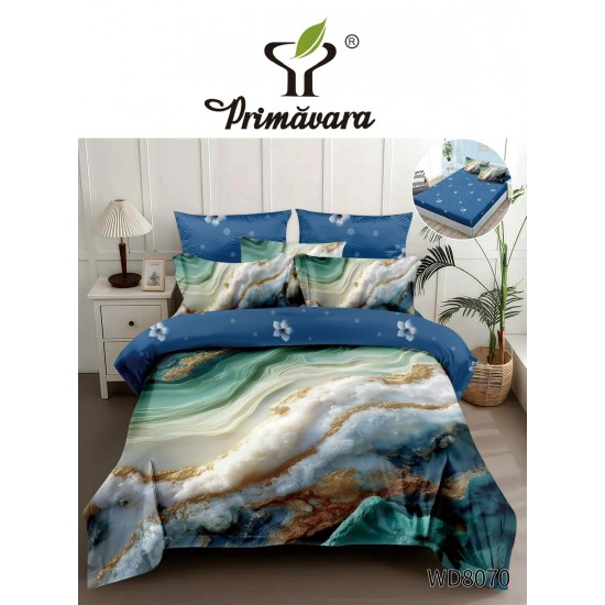 Lenjerie Pat 4 Piese 5D cu Cearșaf Elastic – Model Abstract Verde Smarald & Auriu, LFL-058 Lenjerii Finet Premium Lux