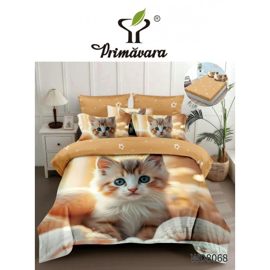 Lenjerie Pat 4 Piese 5D cu Cearșaf Elastic – Model Pisicuță Golden cu Ochii Albaștri, LFL-053 Lenjerii Finet Premium Lux