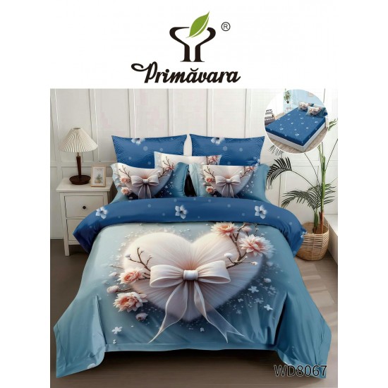 Lenjerie Pat 4 Piese 5D cu Cearșaf Elastic – Model Inimă cu Fundă și Flori, Albastru Elegant, LFL-049 Lenjerii Finet Premium Lux