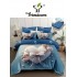 Lenjerie Pat 4 Piese 5D cu Cearșaf Elastic – Model Inimă cu Fundă și Flori, Albastru Elegant, LFL-049