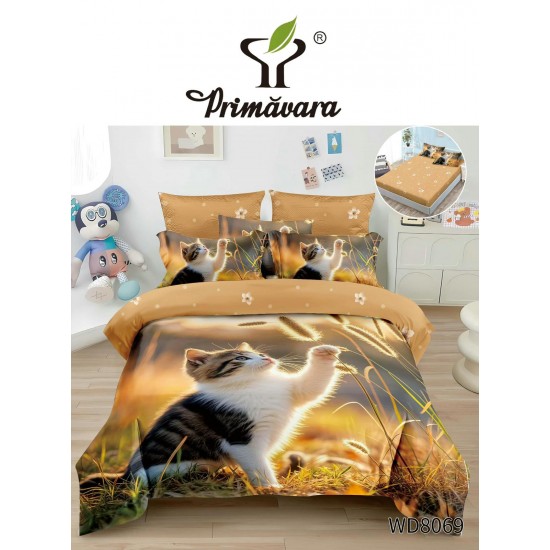 Lenjerie Pat 4 Piese 5D cu Cearșaf Elastic – Model Pisicuță la Apus, Fundal Auriu, LFL-059 Lenjerii Finet Premium Lux