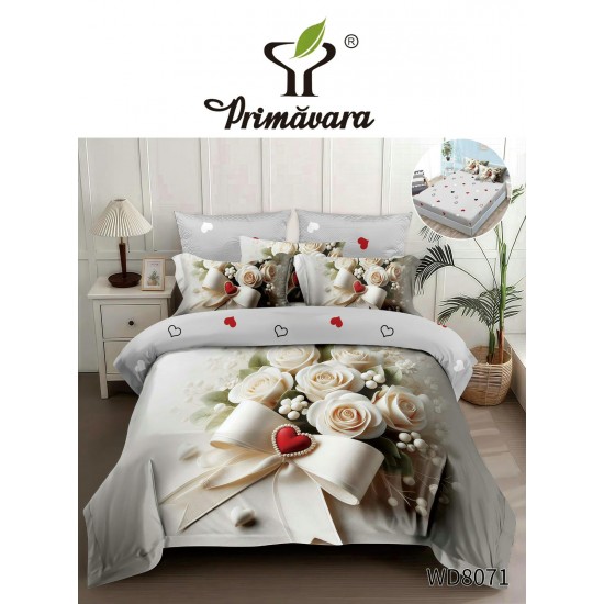 Lenjerie Pat 4 Piese 5D cu Cearșaf Elastic – Model Trandafiri Crem cu Fundă și Inimă Roșie, LFL-055 Lenjerii Finet Premium Lux