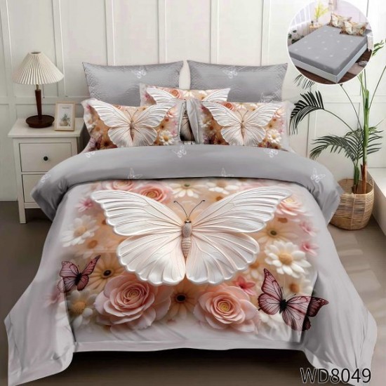 Lenjerie de Pat Dublu 4 Piese 5D cu Cearșaf cu Elastic – Model Fluture Alb 3D cu Trandafiri, LFL-101 Lenjerii Finet Premium Lux