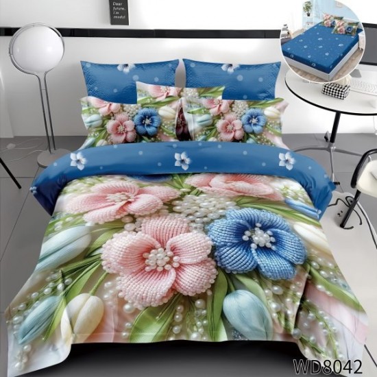 Lenjerie de Pat Dublu 4 Piese 5D cu Cearșaf cu Elastic – Model Floral Albastru cu Perle 3D, LFL-102 Lenjerii Finet Premium Lux