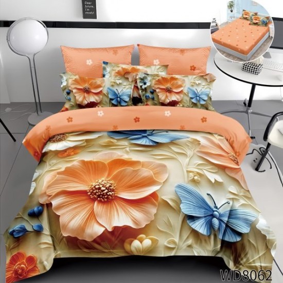 Lenjerie de Pat Dublu 4 Piese 5D cu Cearșaf cu Elastic – Model Floral Portocaliu cu Fluturi Albaștri 3D, LFL-103 Lenjerii Finet Premium Lux