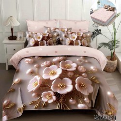 Lenjerie de Pat Dublu 4 Piese 5D cu Cearșaf cu Elastic – Model Floral Roz Pudrat cu Detalii Aurii 3D, LFL-104