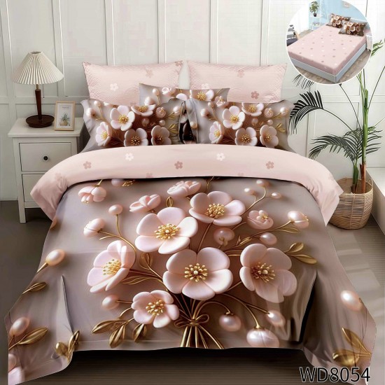 Lenjerie de Pat Dublu 4 Piese 5D cu Cearșaf cu Elastic – Model Floral Roz Pudrat cu Detalii Aurii 3D, LFL-104 Lenjerii Finet Premium Lux