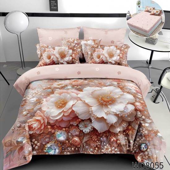 Lenjerie de Pat Dublu 4 Piese 5D cu Cearșaf cu Elastic – Model Floral Elegant Roz Pudrat și Auriu, LFL-106 Lenjerii Finet Premium Lux