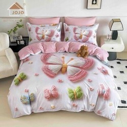 Lenjerie de Pat Dublu 6 Piese 5D cu Cearșaf cu Elastic – Model Fluturi Roz Pastel, Design Delicat Romantic, LFL-110