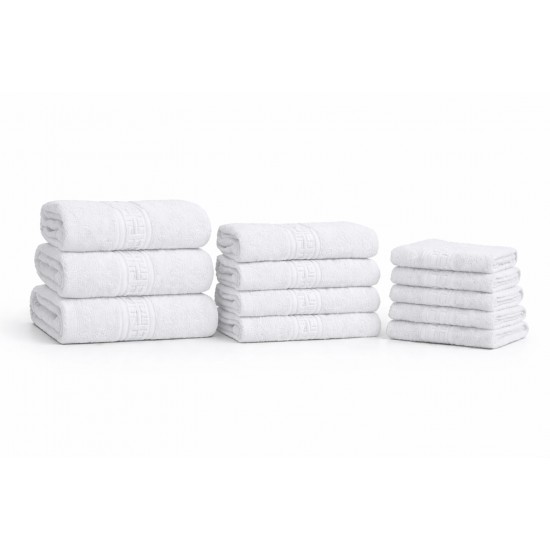 Set 12 Prosoape din Bumbac 100% – Densitate 550 gr/mp, Model Grecesc Premium, 30x50 / 50x90 / 70x130 cm, Alb, PCG-093 Prosoape