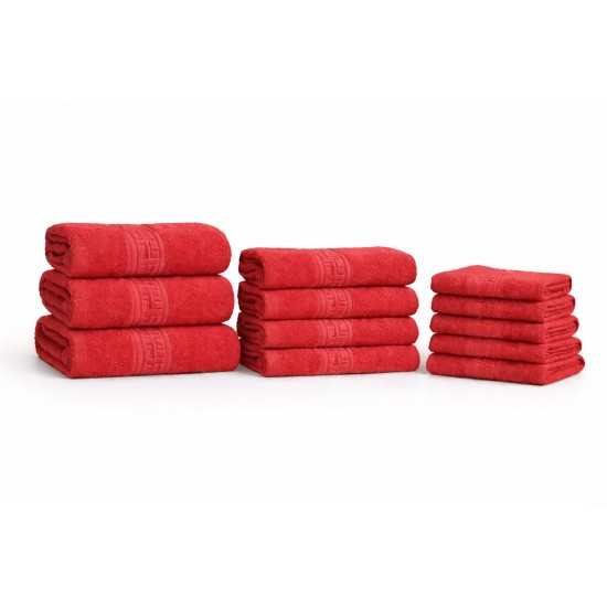 Set 12 Prosoape din Bumbac 100% – Densitate 550 gr/mp, Model Grecesc Premium, 30x50 / 50x90 / 70x130 cm, Rosu, PCG-100 Prosoape