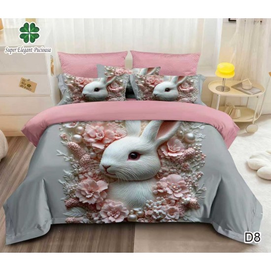 Lenjerie de Pat Dublu 6 Piese 5D cu Cearșaf cu Elastic – Model Iepuraș Alb cu Flori Roz, LFL-111 Lenjerii Finet Premium Lux