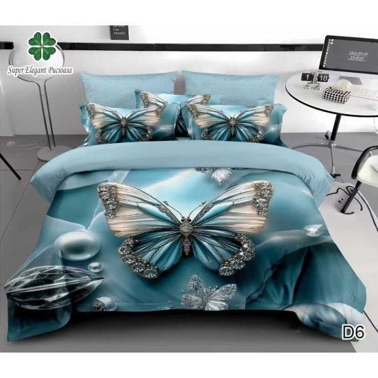 Lenjerie de Pat Dublu 6 Piese 5D cu Cearșaf cu Elastic – Model Fluture Turcoaz cu Detalii Cristal, LFL-113 Lenjerii Finet Premium Lux