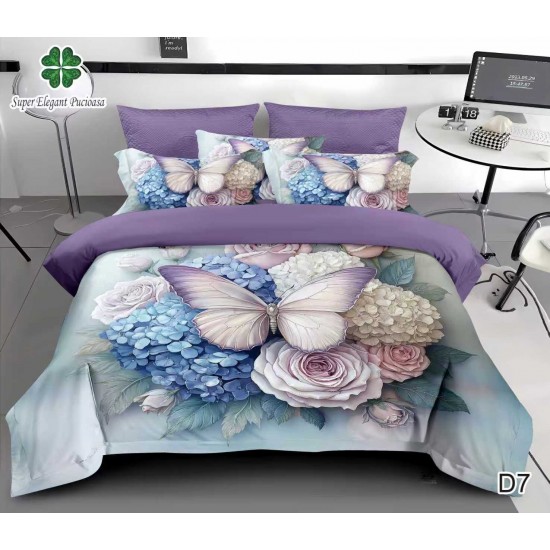 Lenjerie de Pat Dublu 6 Piese 5D cu Cearșaf cu Elastic – Model Fluturi Mov și Flori Pastel, LFL-115 Lenjerii Finet Premium Lux