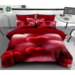 Lenjerie de Pat Dublu 6 Piese 5D cu Cearșaf cu Elastic – Model Inimi Roșii Pufoase, LFL-116
