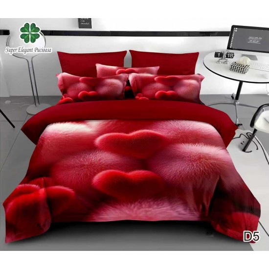 Lenjerie de Pat Dublu 6 Piese 5D cu Cearșaf cu Elastic – Model Inimi Roșii Pufoase, LFL-116 Lenjerii Finet Premium Lux